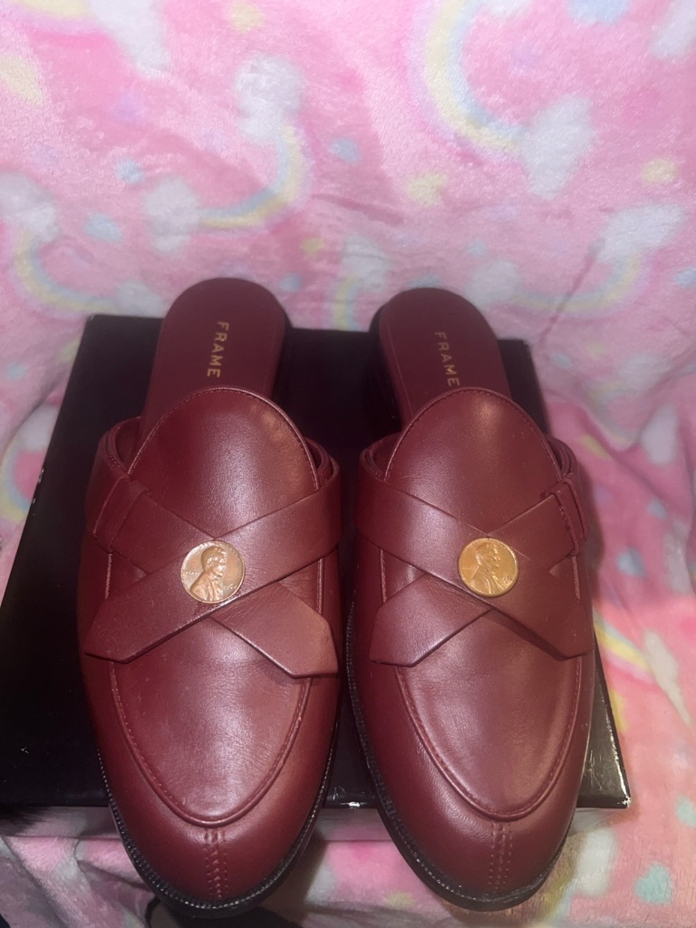 Frame Denim Burgundy Leather Penny Loafer Mules with Gold Coin